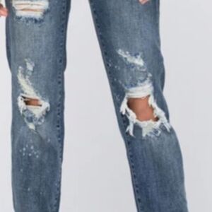JUDY BLUE Bleach Splash Boyfriend Distressed Jeans, Med Wash, EUC (1x), Sz 1/25